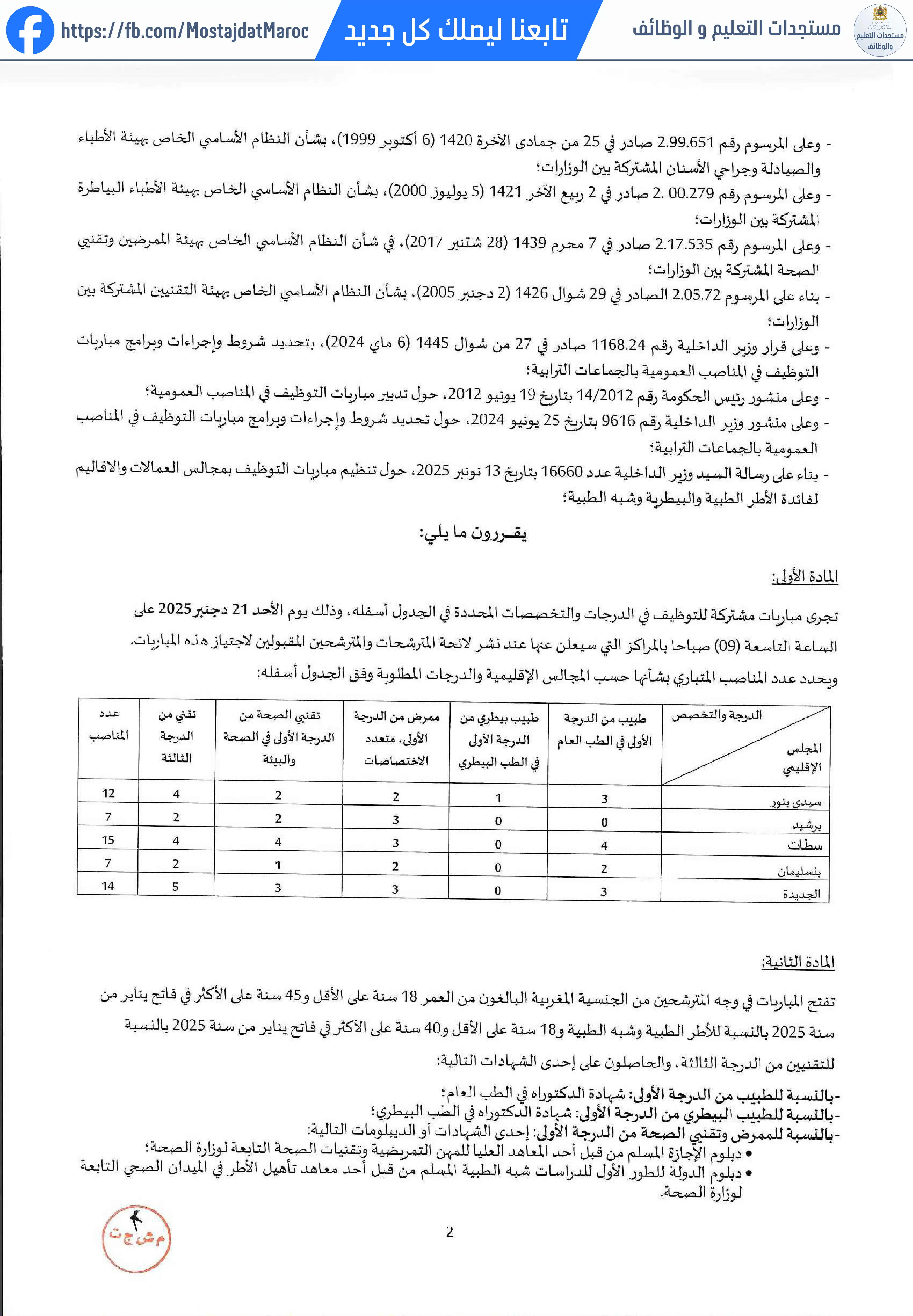 مباراة لتوظيف طبيب بيطري من الدرجة الأولى - سلم 11 - 2